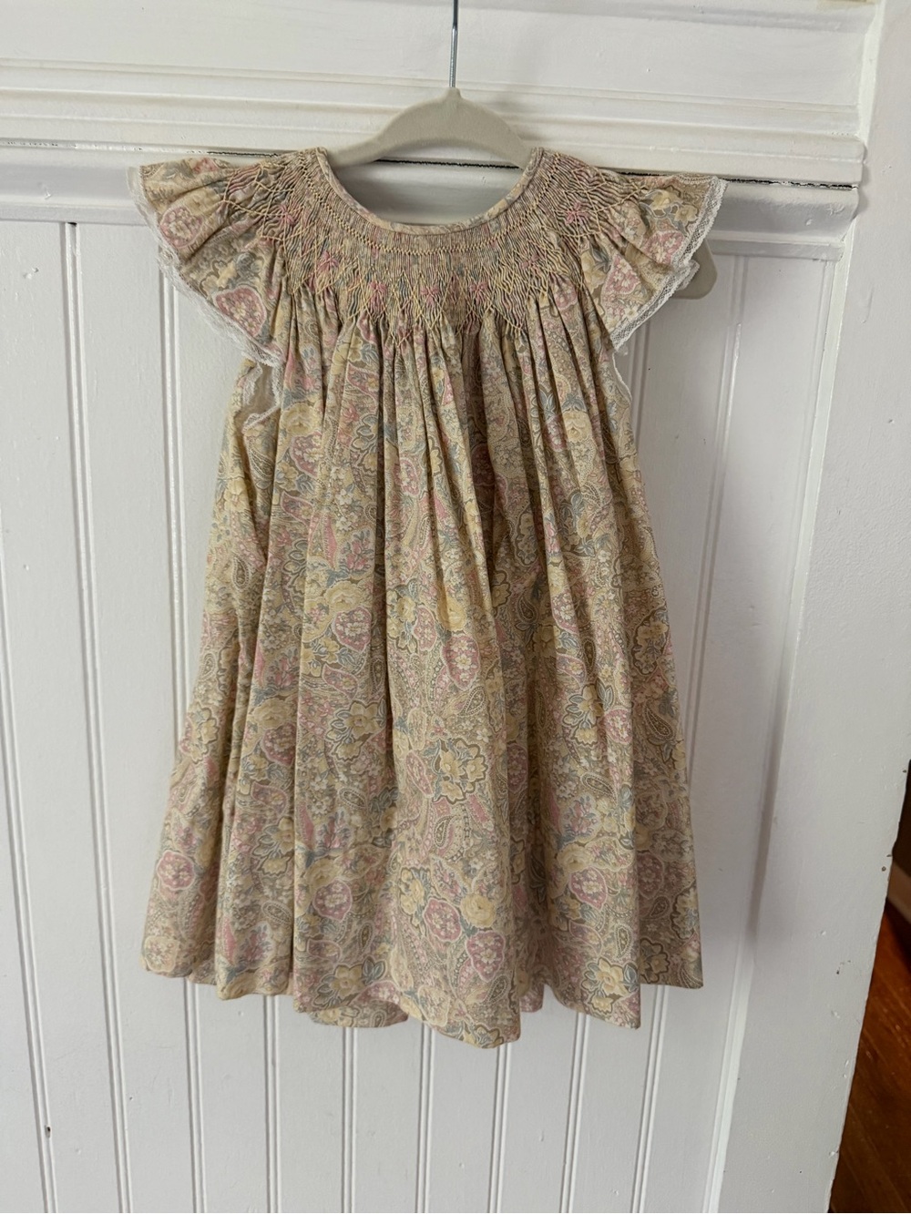 Vintage Paisley Smocked Girls' Dress in Cream, Blush Pink and Muted Yellow
